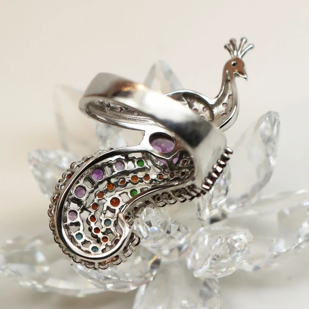 Sterling Silver Peacock Statement Ring Amethyst & Multi Gemstones in Sz 7 💚🦚🩵💍💜